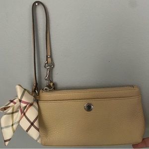 Coach Wristlet Tan Pebbled Leather With a Plaid Scarf Hampton